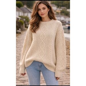 Hand Knitted Wool Fisherman‎ Sweater Cream Cable Knit Chunky Unisex Adult